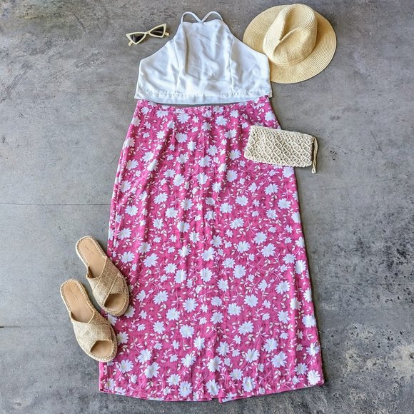 Vintage Christopher & Banks Pink White Floral Midi Skirt size 14 - Picture 1 of 12